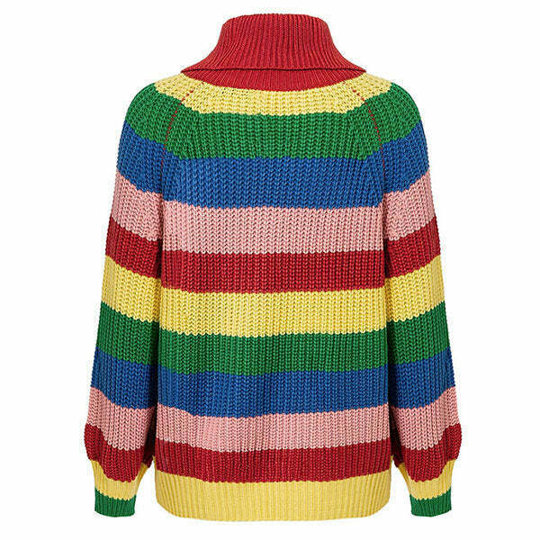 Vibrant Y2K Roll Neck Rainbow Jumper - Cozy Knit Sweater for Trendy Fashion Lovers