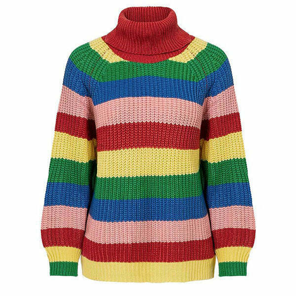 Vibrant Y2K Roll Neck Rainbow Jumper - Cozy Knit Sweater for Trendy Fashion Lovers