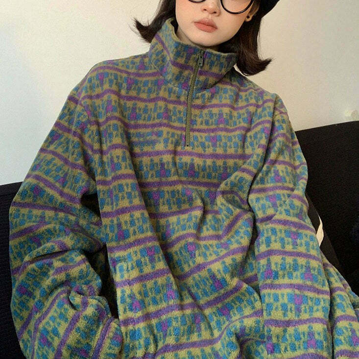 Vintage 80's Grandma Zip-Up Fleece Sweatshirt - Cozy Grandmacore Aesthetic Style