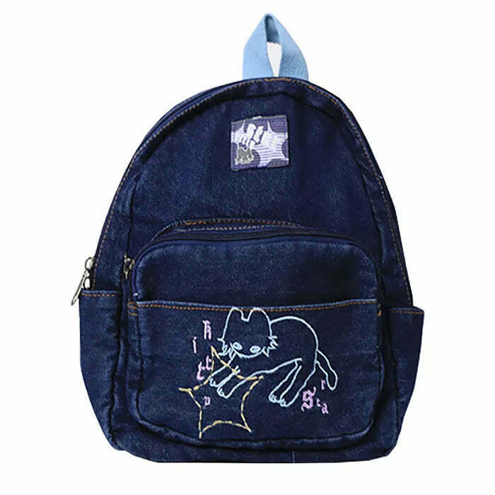 Vintage 90's Aesthetic Denim Backpack with Embroidered Details for Y2K Fashion Lovers