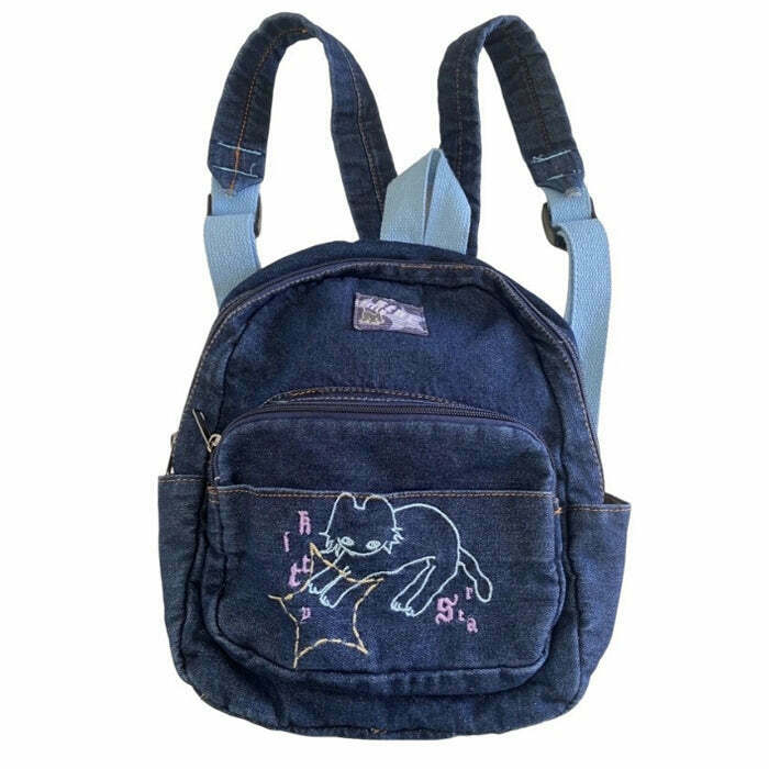 Vintage 90's Aesthetic Denim Backpack with Embroidered Details for Y2K Fashion Lovers