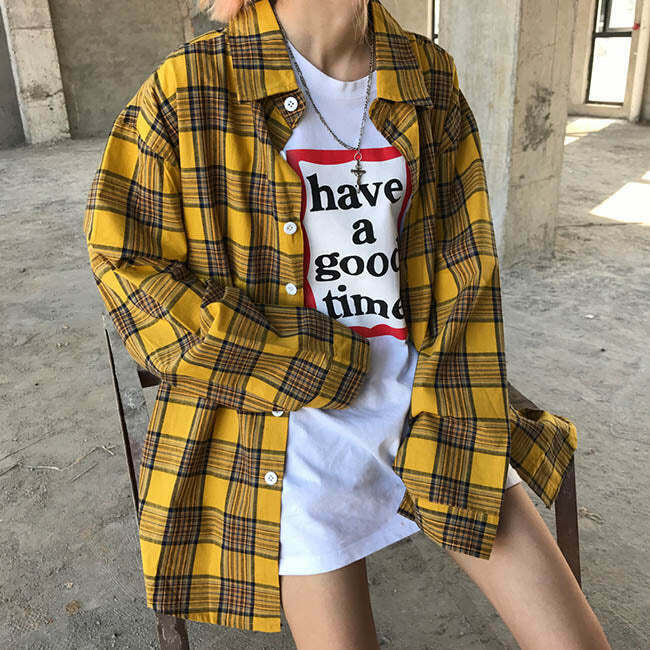 Vintage 90s Plaid Check Shirt - Cute Aesthetic Sweatshirt for Trendy Y2K Outfits