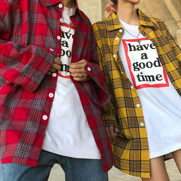 Vintage 90s Plaid Check Shirt - Cute Aesthetic Sweatshirt for Trendy Y2K Outfits