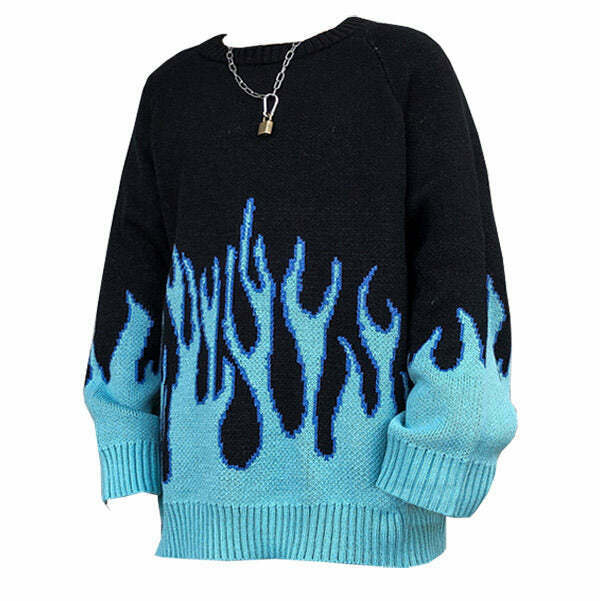 Vintage Blue Flame Skeleton Sweater - Y2K Aesthetic, Unique Design by Aelfric Eden