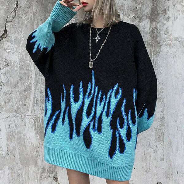 Vintage Blue Flame Skeleton Sweater - Y2K Aesthetic, Unique Design by Aelfric Eden