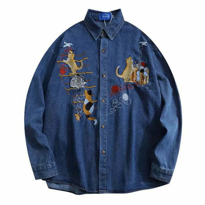 Vintage Cat Embroidery Denim Shirt - Cute Aesthetic Style for Trendy Y2K Fashion Lovers