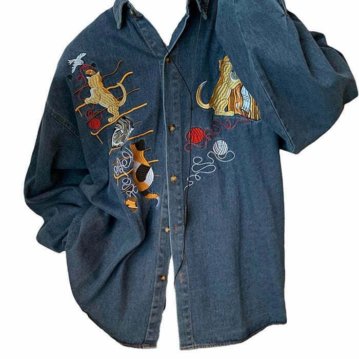 Vintage Cat Embroidery Denim Shirt - Cute Aesthetic Style for Trendy Y2K Fashion Lovers