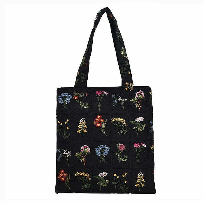 Vintage Floral Embroidered Tote Bag - Y2K Aesthetic Floral Tote for Stylish Outings