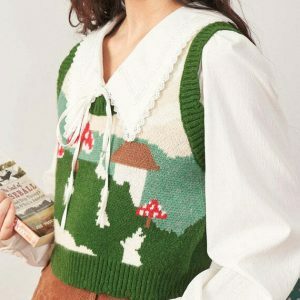 Vintage Mushroom Aesthetic Knit Vest - Gothic Star Knit Sweater with Unique Design