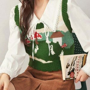 Vintage Mushroom Aesthetic Knit Vest - Gothic Star Knit Sweater with Unique Design