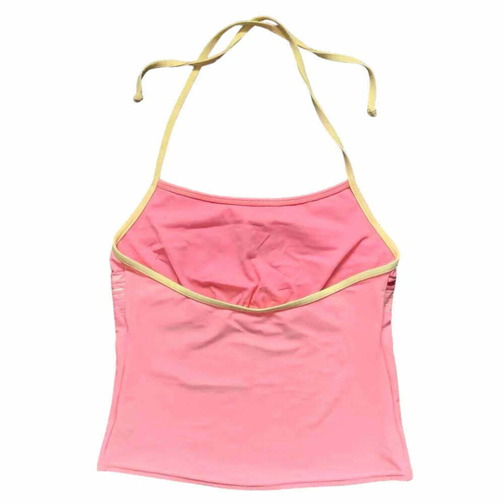 Vintage Pink Car Y2K Halter Top - Trendy Denim Crop Top with Retro Vibes and Stylish Design