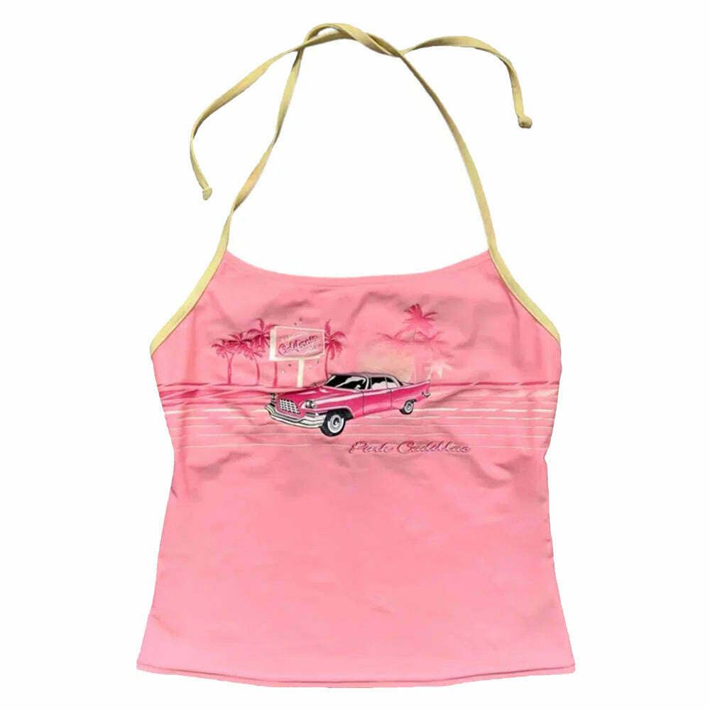 Vintage Pink Car Y2K Halter Top - Trendy Denim Crop Top with Retro Vibes and Stylish Design