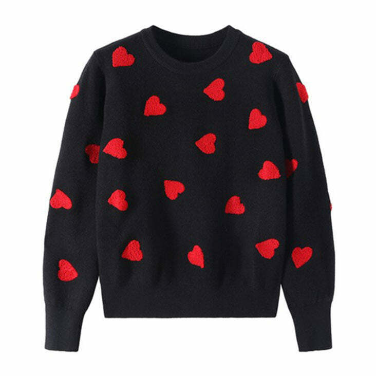 Vintage Red Hearts Sweater - Y2K Aesthetic Skeleton Design, Cozy Unique Knitwear for Style