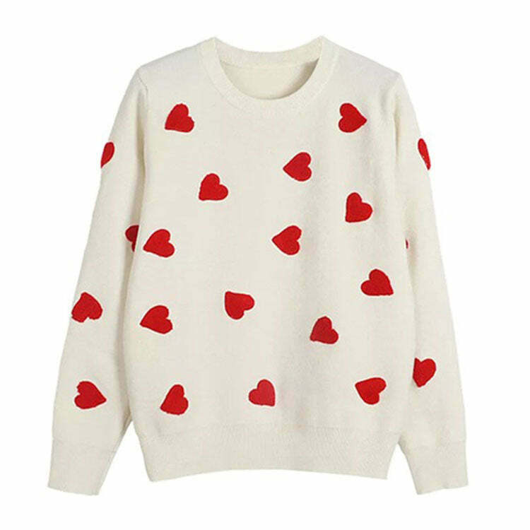 Vintage Red Hearts Sweater - Y2K Aesthetic Skeleton Design, Cozy Unique Knitwear for Style