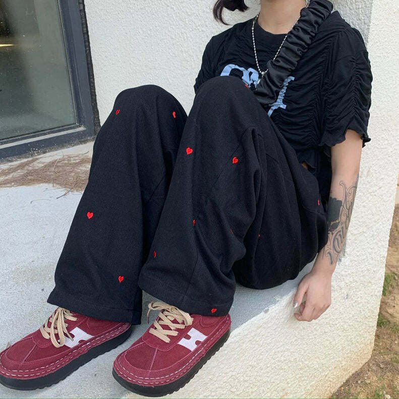 Vintage Red Hearts Y2K Cargo Pants - Trendy Rivet Detail, Stylish Checkered Design