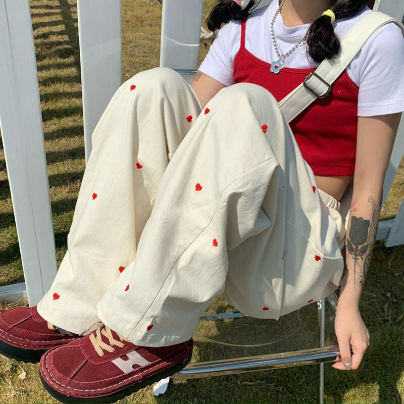 Vintage Red Hearts Y2K Cargo Pants - Trendy Rivet Detail, Stylish Checkered Design