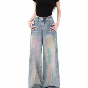 Vintage Style Brush Strokes Jeans - Trendy Y2K Baggy Denim for a Retro Fashion Statement