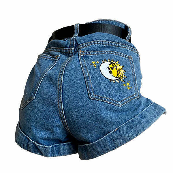 Vintage Y2K Sun & Moon Embroidered Denim Shorts with Patchwork Design and Rhinestone Accents