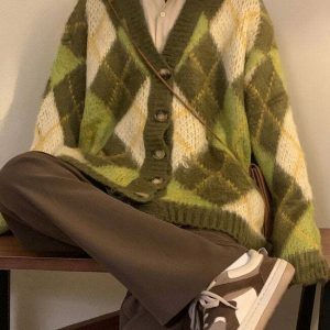 Warm Vibes Green Argyle Cardigan Sweater - Trendy Y2K Style with Cozy Comfort and Chic Design