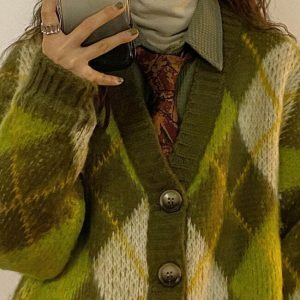 Warm Vibes Green Argyle Cardigan Sweater - Trendy Y2K Style with Cozy Comfort and Chic Design