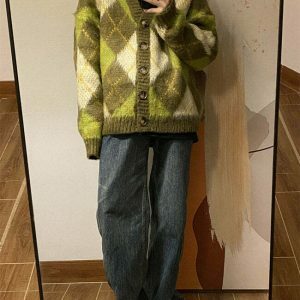 Warm Vibes Green Argyle Cardigan Sweater - Trendy Y2K Style with Cozy Comfort and Chic Design