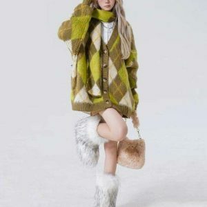 Warm Vibes Green Argyle Cardigan Sweater - Trendy Y2K Style with Cozy Comfort and Chic Design