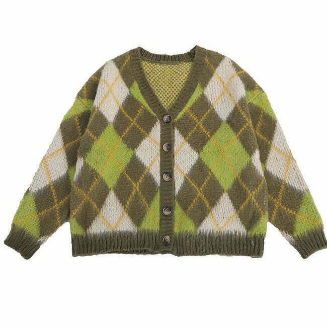 Warm Vibes Green Argyle Cardigan Sweater - Trendy Y2K Style with Cozy Comfort and Chic Design