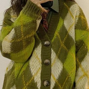 Warm Vibes Green Argyle Cardigan Sweater - Trendy Y2K Style with Cozy Comfort and Chic Design