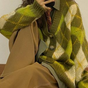 Warm Vibes Green Argyle Cardigan Sweater - Trendy Y2K Style with Cozy Comfort and Chic Design