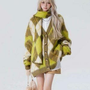 Warm Vibes Green Argyle Cardigan Sweater - Trendy Y2K Style with Cozy Comfort and Chic Design