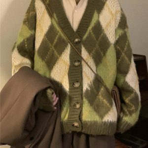 Warm Vibes Green Argyle Cardigan Sweater - Trendy Y2K Style with Cozy Comfort and Chic Design