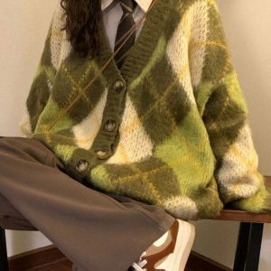 Warm Vibes Green Argyle Cardigan Sweater - Trendy Y2K Style with Cozy Comfort and Chic Design