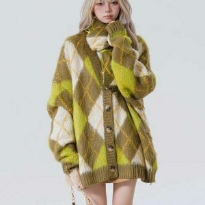 Warm Vibes Green Argyle Cardigan Sweater - Trendy Y2K Style with Cozy Comfort and Chic Design