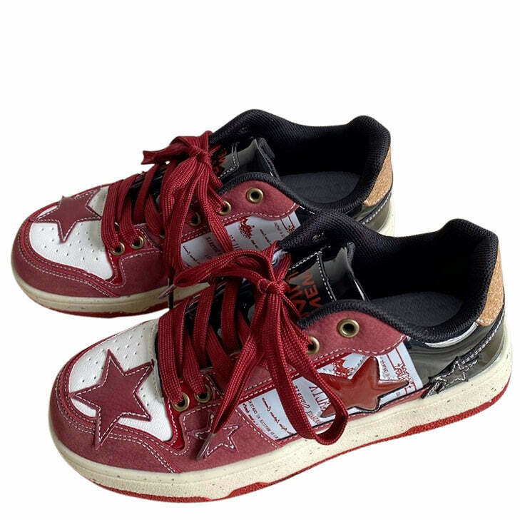 Wine Red Star Sneakers - Trendy Heart-Embroidered Sneakers for Y2K Fashion Lovers