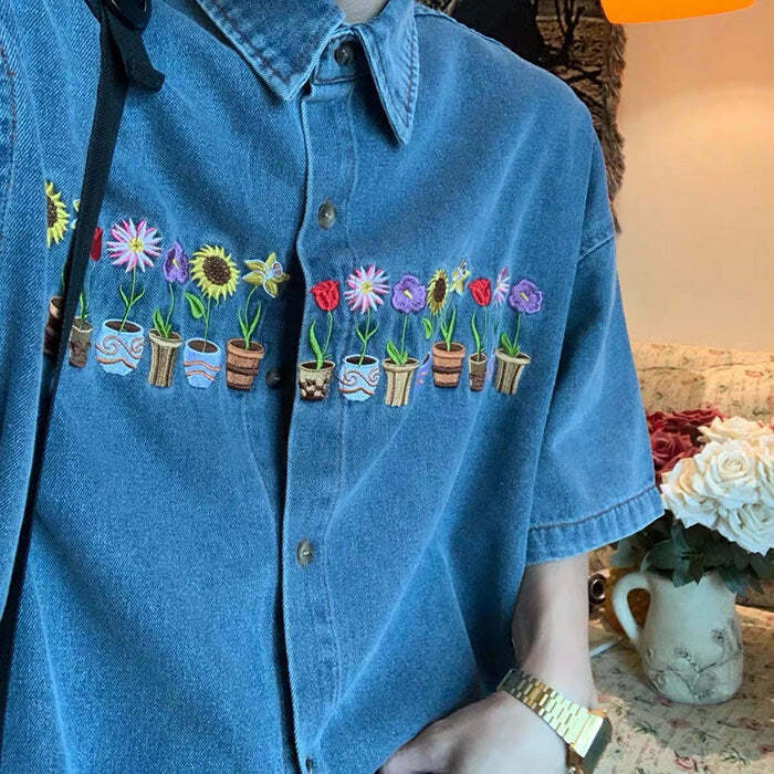 Y2K Aesthetic Embroidery Denim Shirt - Cute Cut-Out Design for Trendy Fashion Lovers