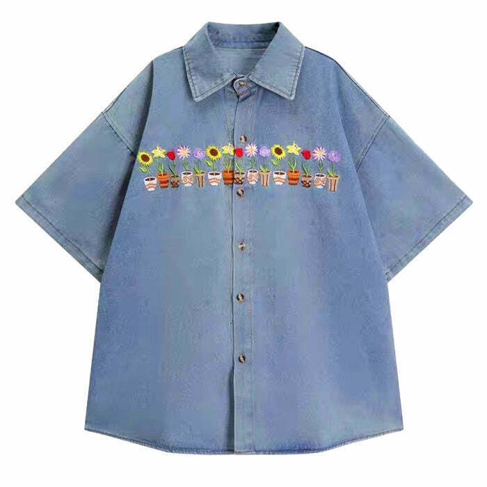 Y2K Aesthetic Embroidery Denim Shirt - Cute Cut-Out Design for Trendy Fashion Lovers