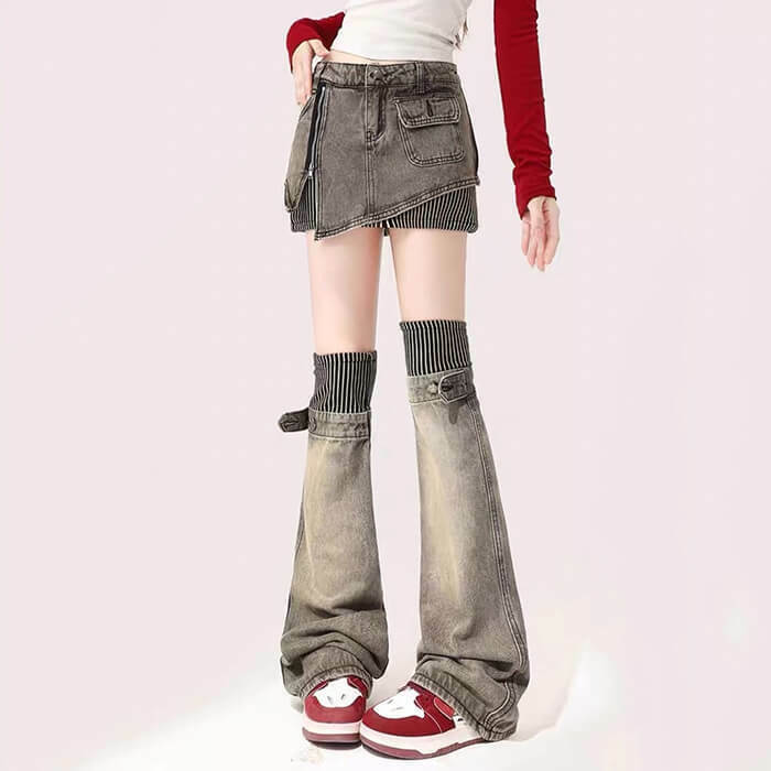 Y2K American Dream Mini Skirt & Faux Fur Leg Warmers Set for Trendy Grunge Style