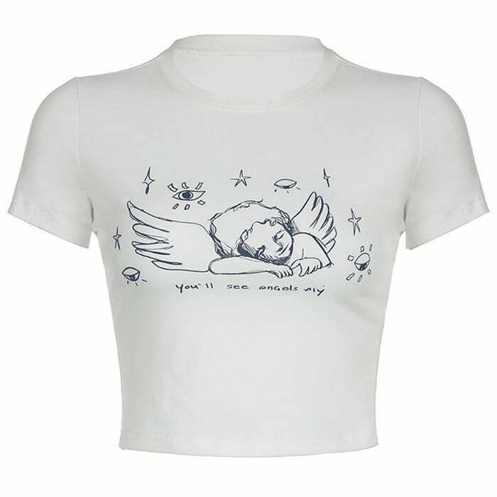 Y2K Angel Print Crop Top with Bow Tie Detail - Trendy Fairy Style for Fashion Lovers