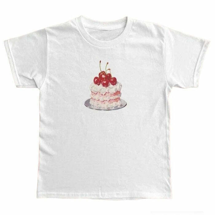 Y2K Birthday Cake Graphic Tee with Bow Detail - Trendy and Fun for Every Occasion