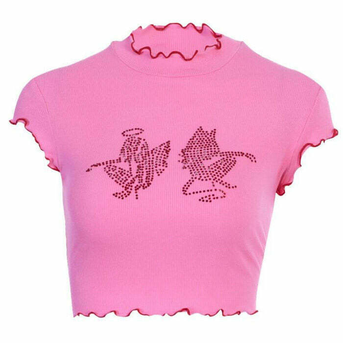 Y2K-Inspired Angel & Devil Rhinestone Crop Top with Bow Tie Detail and Sparkling Accents