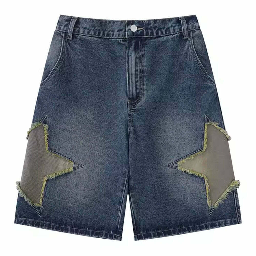 Y2K-Inspired Star Patch Denim Shorts with Rhinestone Fringe for Trendy Summer Style