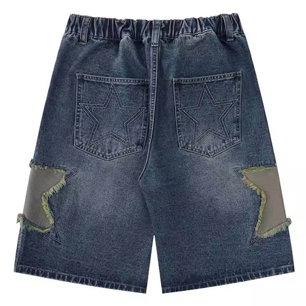 Y2K-Inspired Star Patch Denim Shorts with Rhinestone Fringe for Trendy Summer Style