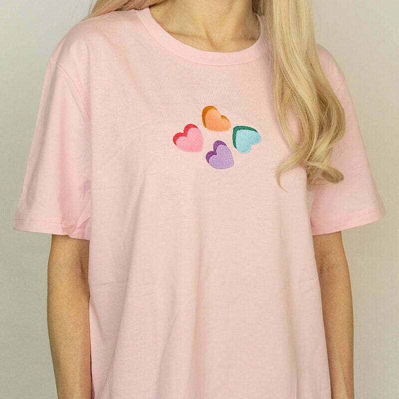 Y2K Love Hearts Candy T-Shirt in Soft Cotton Blend - Trendy Graphic Tee for Fashion Lovers