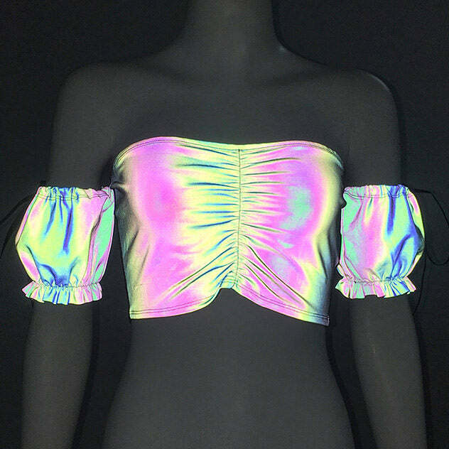 Y2K Reflective Crop Top with Bow Tie Detail - Trendy Denim Tube & Fairy Style