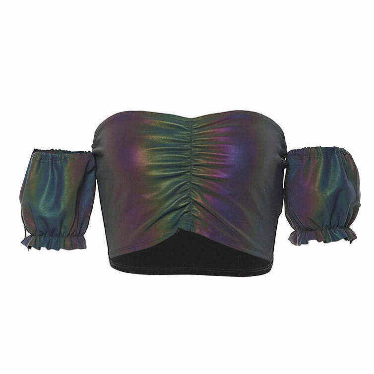 Y2K Reflective Crop Top with Bow Tie Detail - Trendy Denim Tube & Fairy Style