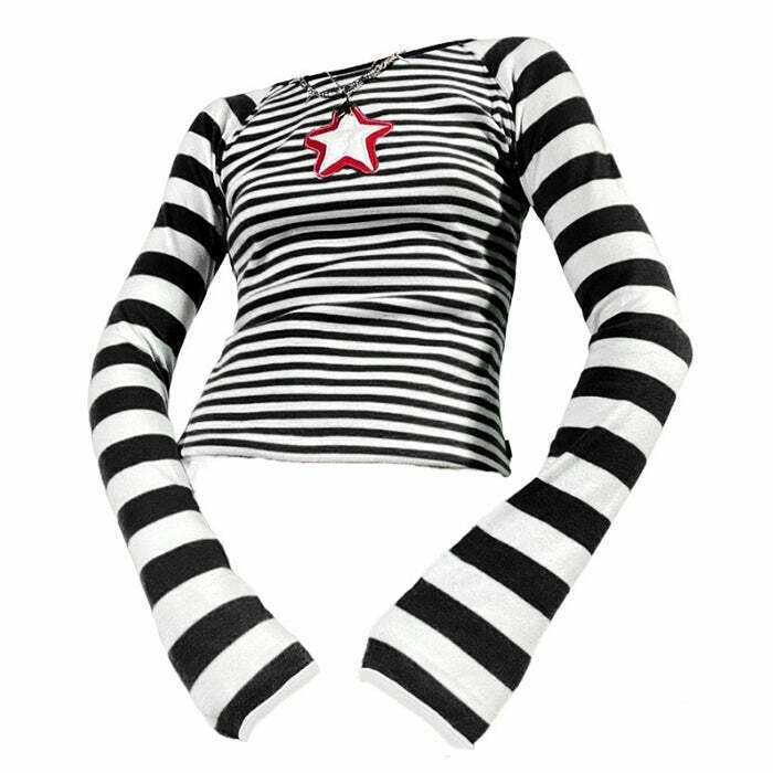 Y2K Star Striped Long Sleeve Top - Trendy Bow Tie Design for a Chic Aesthetic Look