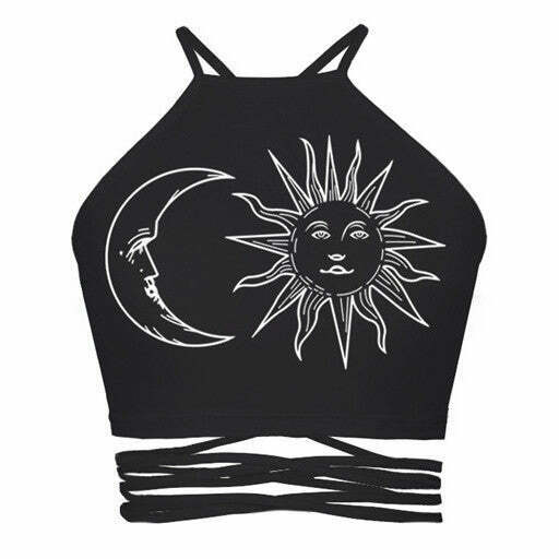 Y2K Sun & Moon Crop Top - Trendy Grunge Style with Playful Celestial Design