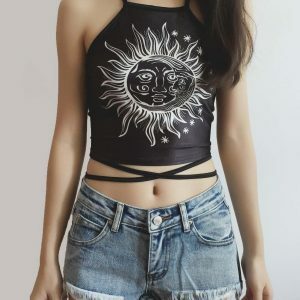 Y2K Sun & Moon Crop Top - Trendy Grunge Style with Playful Celestial Design