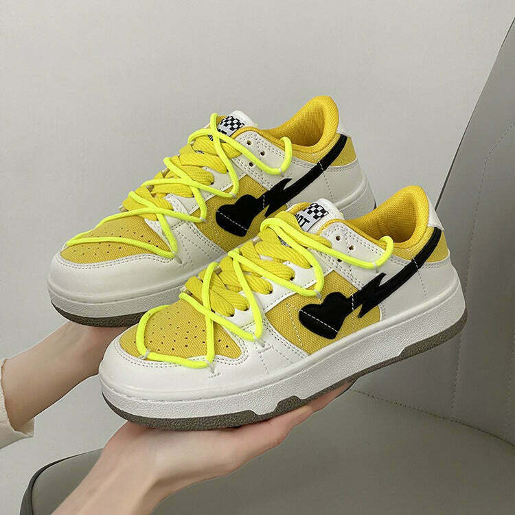 Yellow & Black Heart Aesthetic Sneakers - Trendy Butterfly Design for Y2K Fashion Lovers