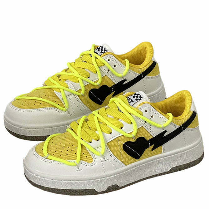 Yellow & Black Heart Aesthetic Sneakers - Trendy Butterfly Design for Y2K Fashion Lovers